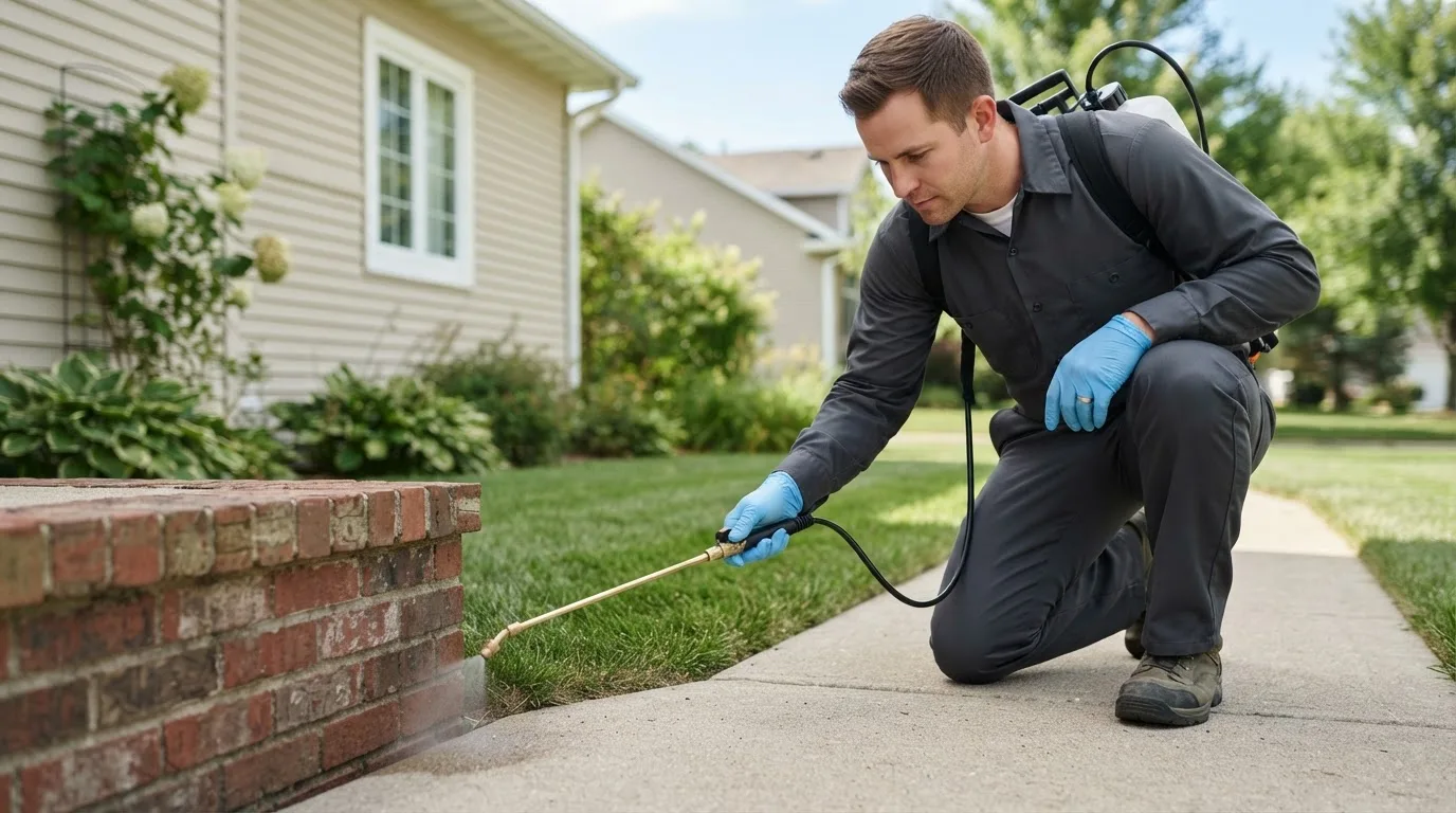 Pest control technician treating a home near Saverton, MO