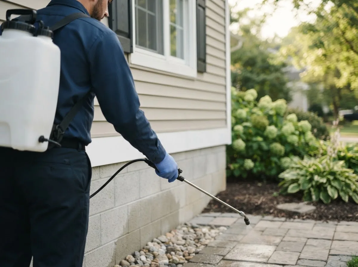 Pest control technician inspecting a home in Saverton, MO